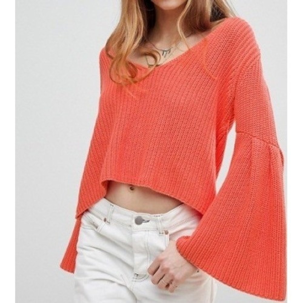 Free People Women's Orange Damsel Bell Sleeve V-Neck Sweater Size Med Bohemian